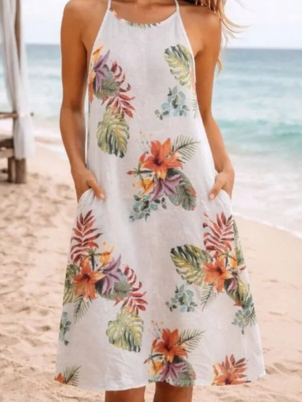 Lungo L'Arno Tropical Floral Linen Blend Midi Dress Size Large Made in Italy